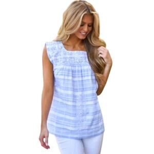 J Marie Embroidered Coastal Tank Top Blouse - Blue Stripe Sleeveless Medium